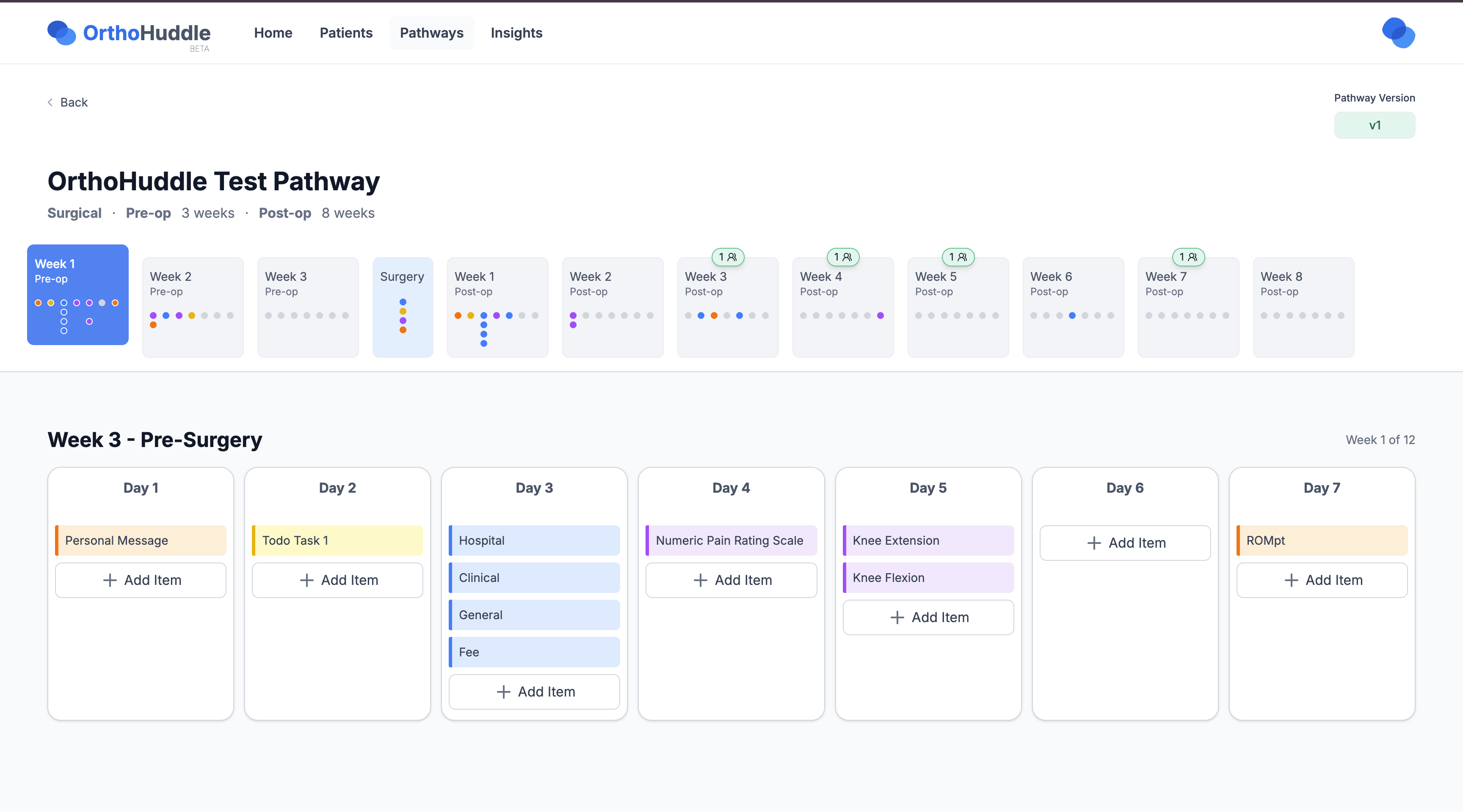 OrthoHuddle Pathway Builder interface showing weekly timeline and daily task management