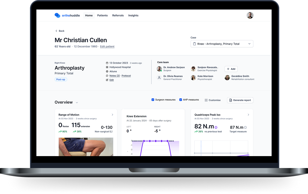 A view of OrthoHuddle on a laptop screen showing a patient's case