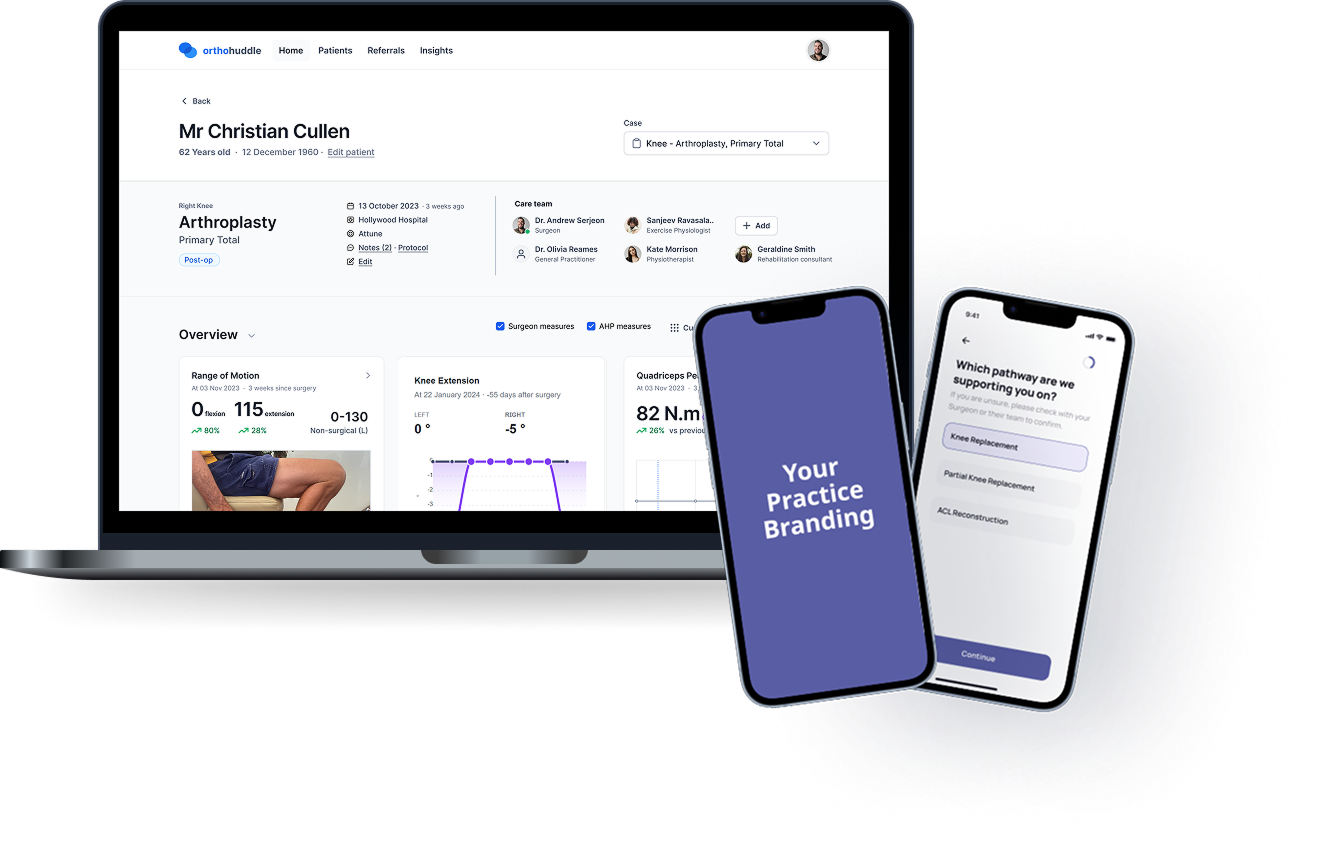 A view of OrthoHuddle on a laptop screen showing a dummy patient's case
